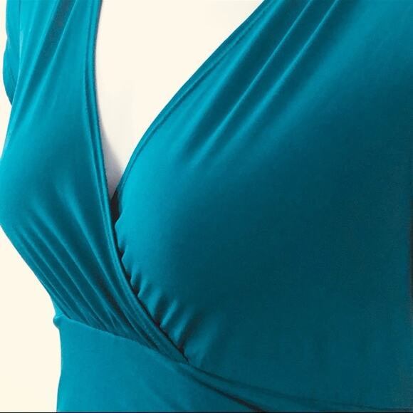 AB Studio Faux Wrap Dress Cap Sleeve Fitted Teal Midi Size Medium - Picture 4 of 12